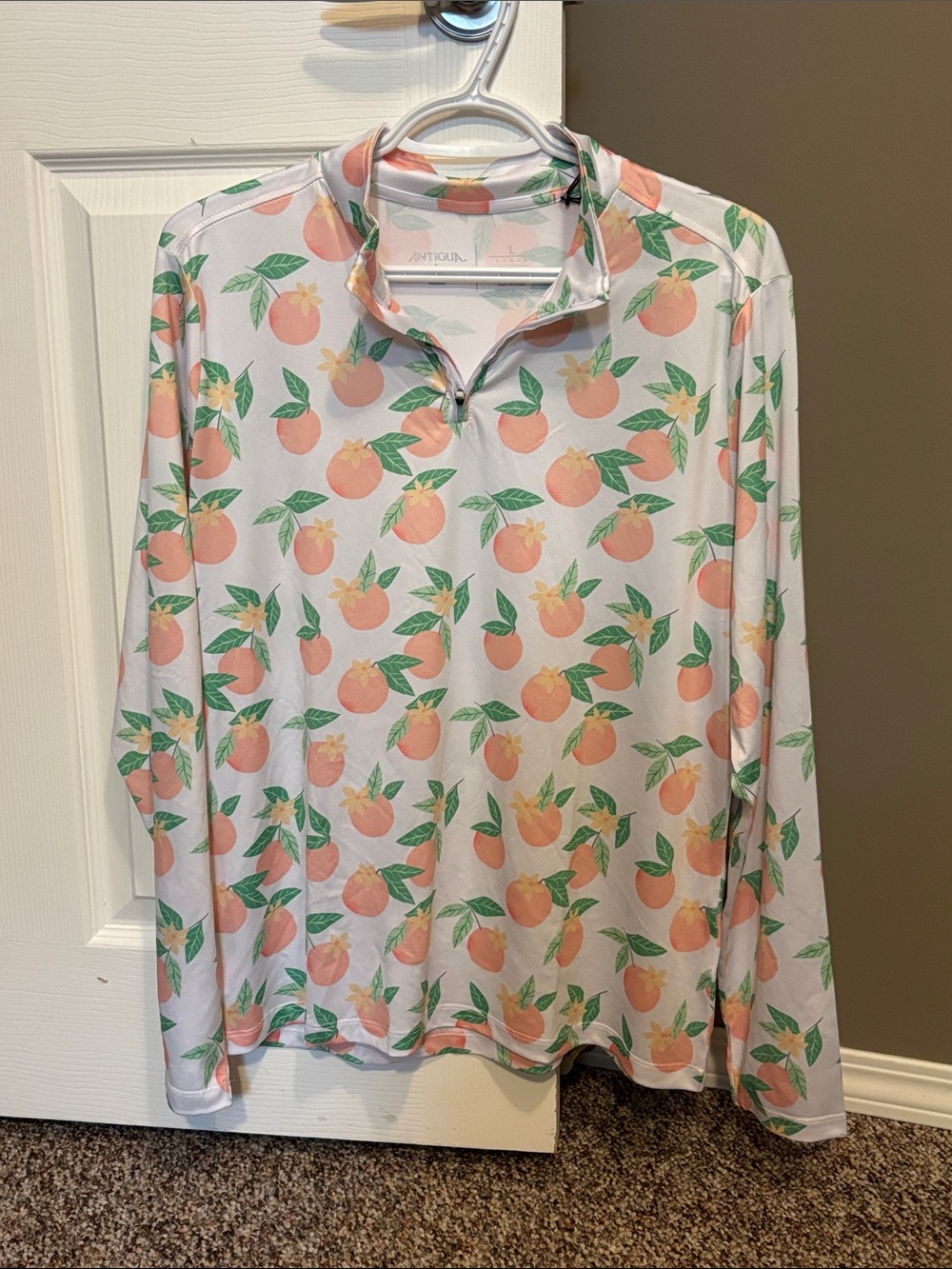 Antigua Peach-Print Quarter-Zip Golf Pullover - White & Peach